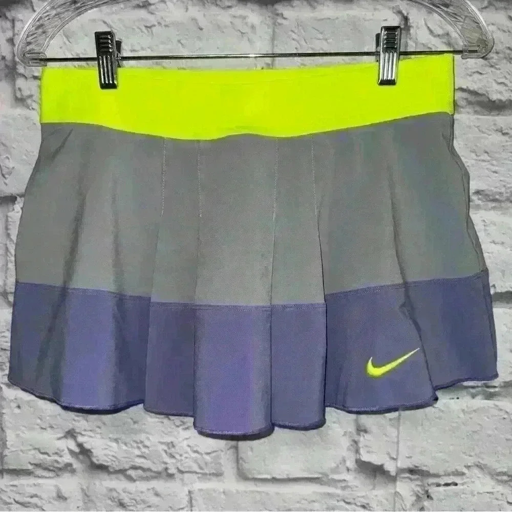 Nike Court Victory Pleated Tennis Skort Neon Elastic Band Gray Purple Colorblock